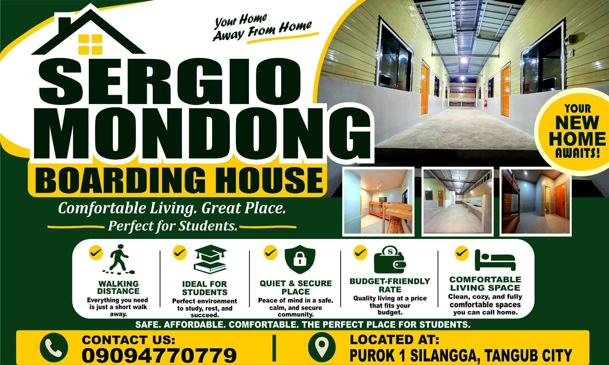 Sergio Mondong Boarding House poster featuring hallways, rooms, and student amenities